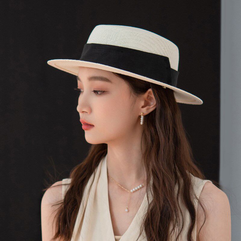 山目 遮阳平顶草帽子女 细腻五分草礼帽 逛街出游太阳帽 春夏季