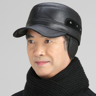 冬季中老年男士皮帽加绒保暖护耳平顶帽子冬季老头爷爷帽中年男帽