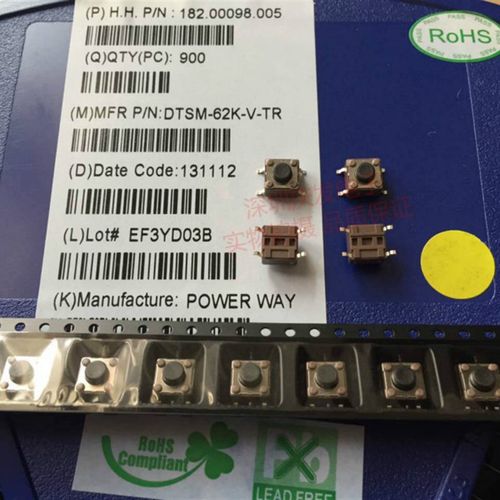 DTSM-62K-V-T/R台湾圆达DIP 轻触开关6*6*5MM贴片4脚黑色微动开关