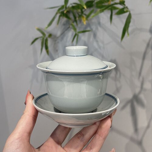 惊蛰仿古青手绘双线三才盖碗茶杯小号手工茶碗功夫茶具单个泡茶器