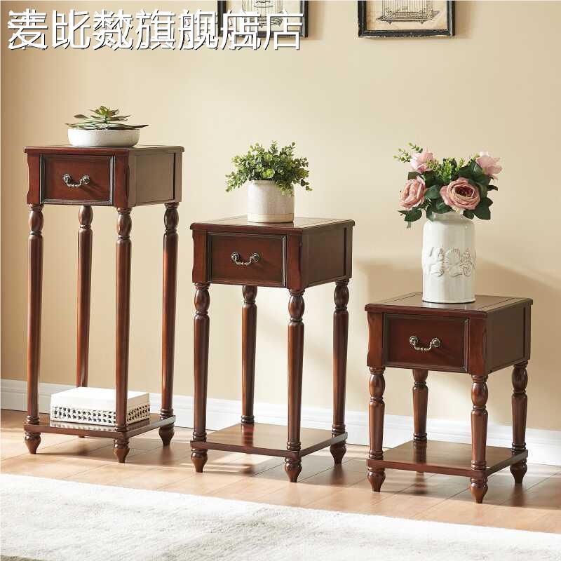 麦比梵厅美式37450花 架 实木式花 架 客落置物 架 带抽屉花几复古风格花盆 架摆件饰品垫垫