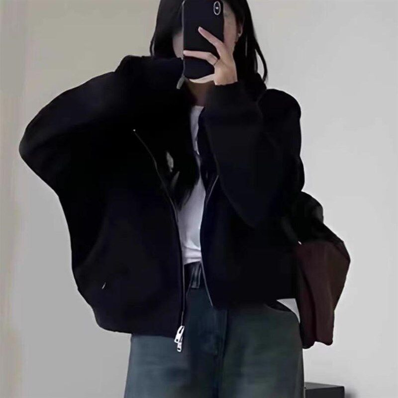纯棉重磅黑色拉链开衫连帽卫衣女宽松2024秋冬新款慵懒风薄款上衣