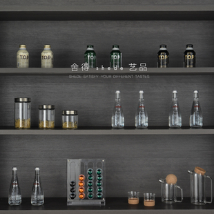 展厅橱柜层架玻璃l密封罐茶壶咖啡饮料矿泉水瓶样板房厨房摆件组