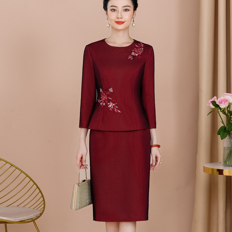 参加婚礼宴会妈妈礼服两件式套装2023新款婚庆喜婆婆婚宴装套裙秋
