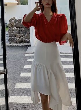 韩系甜美洋气设计感小众荷叶边不规则半身裙小个子穿搭很仙的裙子