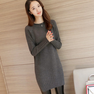 新款 圆领针织打底衫 韩版 长袖 毛衣女 宽松外穿加厚中长款 2021秋冬装