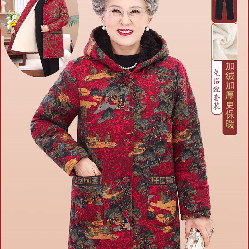 奶奶装冬季加绒加厚棉袄中老年女装冬装中长款保暖棉衣老太太棉服