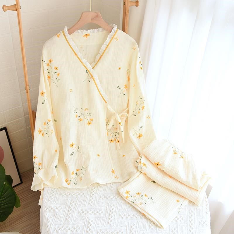 清新百合和服套装女纯棉麻绉布长袖长裤春秋季薄款睡衣汗蒸服汉服