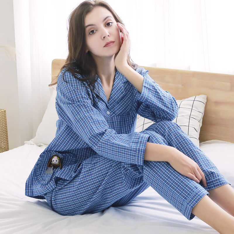 睡衣女士春秋季秋款秋天长袖纯棉布家居服梭织薄款棉布加大码套装