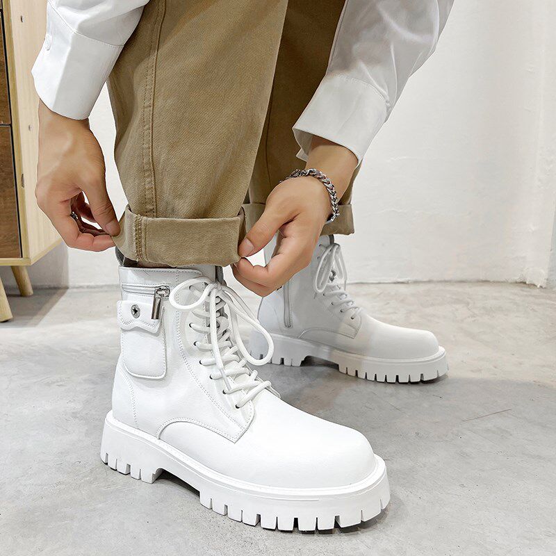 秋季马丁靴男高帮沙漠工装靴子白色厚底增L高短靴中帮英伦拉链男