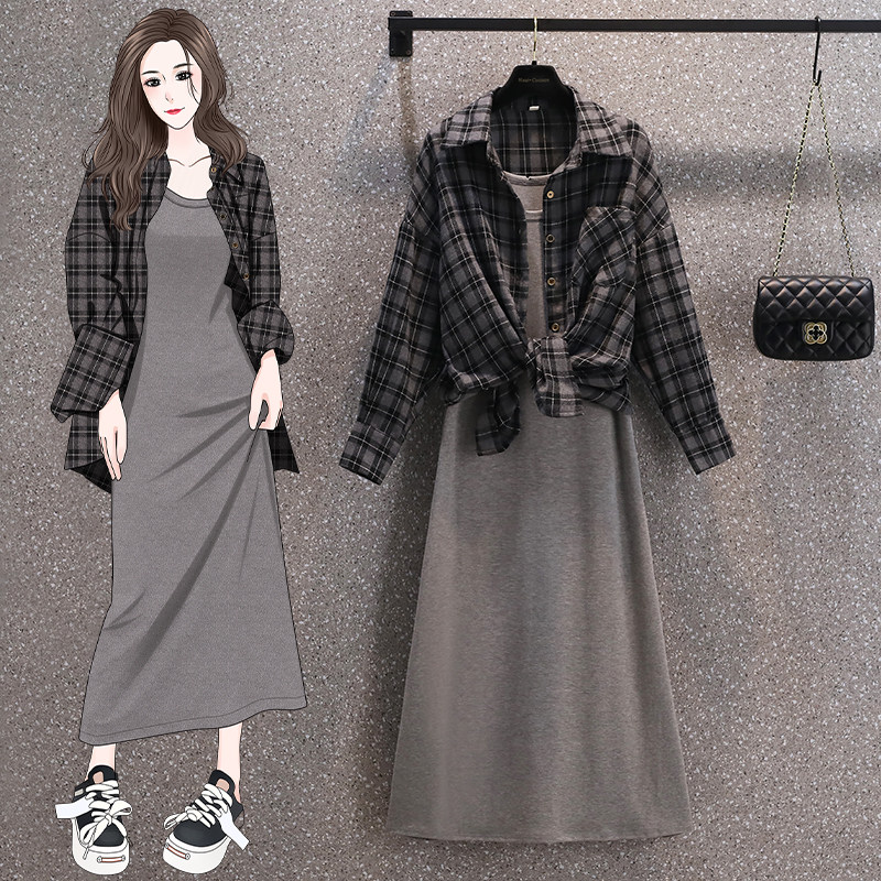 吊带裙套装女春装2024年新款内搭背心连衣裙宽松bf格子衬衣两件套