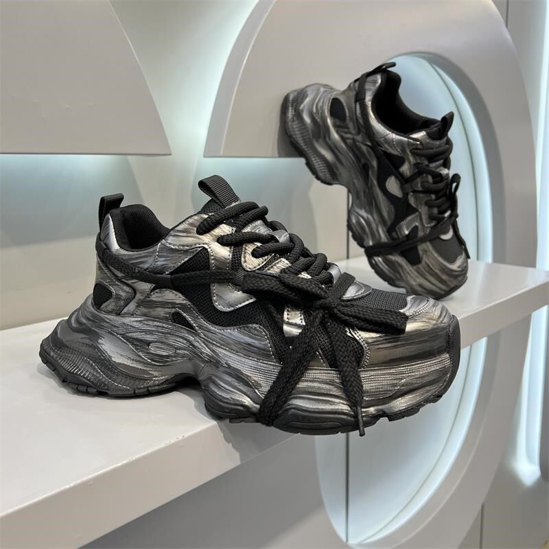 2024夏季新款男鞋透气网面老爹鞋男款厚底增高网T鞋休闲运动小白