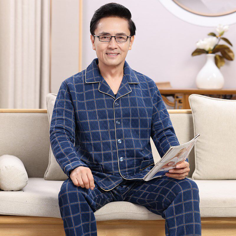 加厚 爸爸睡衣 2024新款老人秋冬空气棉中老年人男款纯棉中年男冬