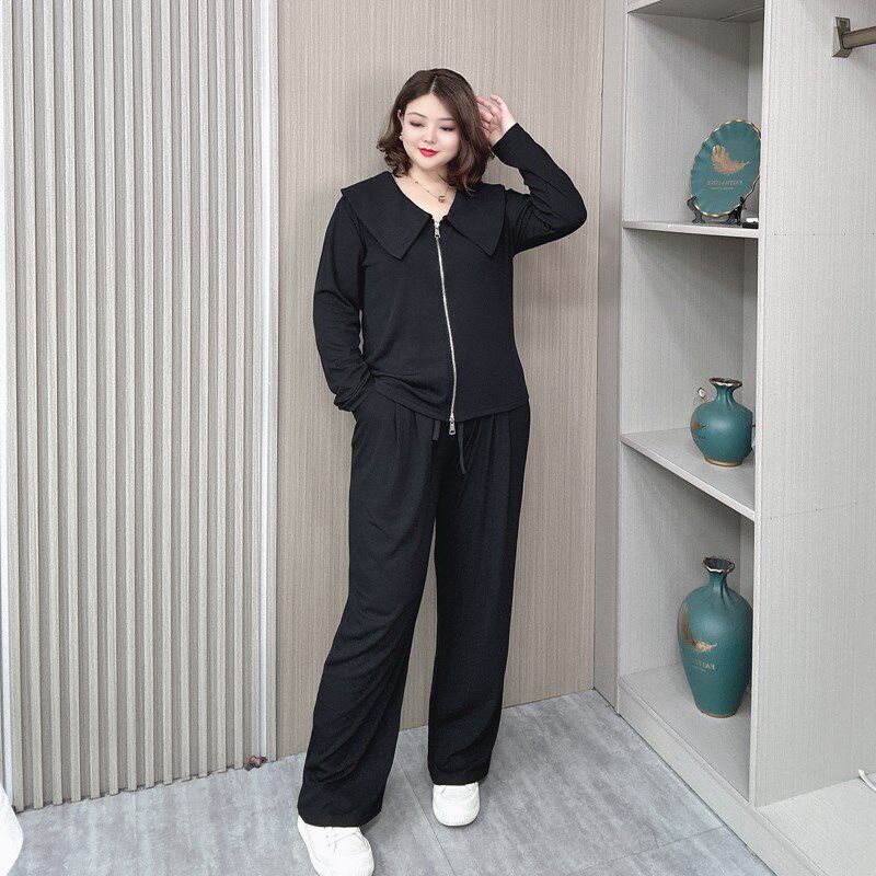 上衣两件套大码胖mm春秋装新款休闲拉链开衫松紧腰阔腿裤时尚套装