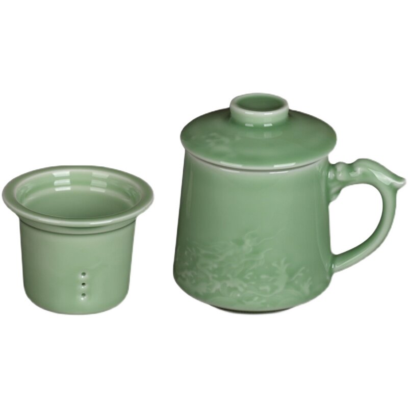 精品家用青瓷龙出海泡茶水杯x带过滤同心杯陶瓷有柄茶杯办公杯礼