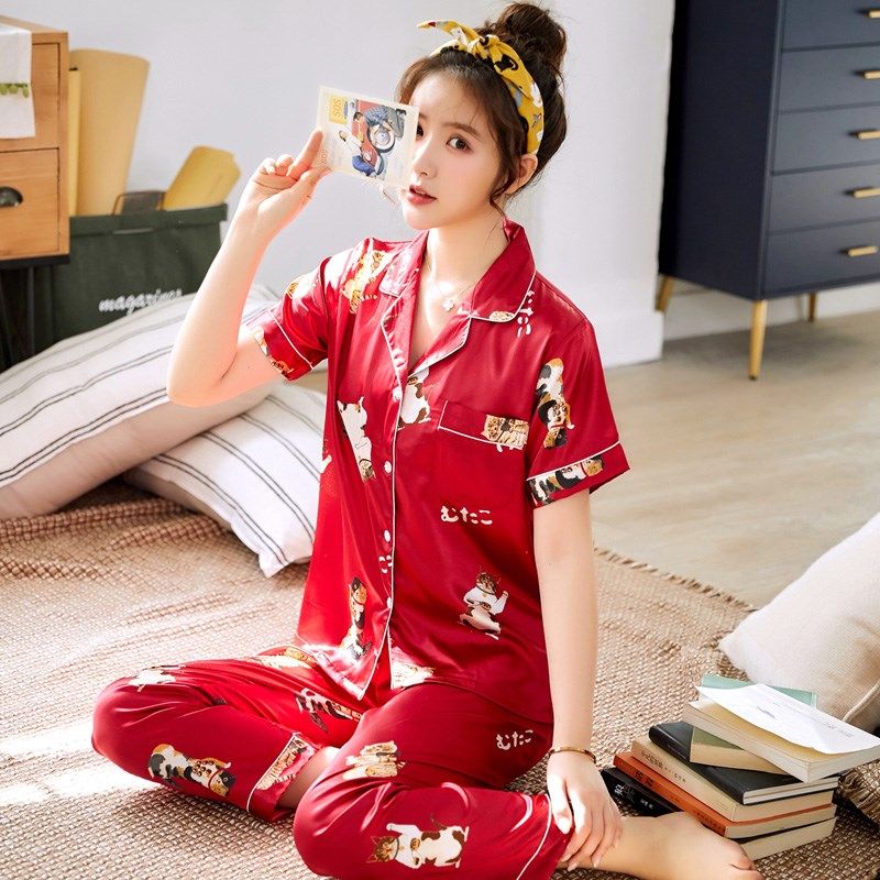 睡衣女春夏季短袖长裤冰丝薄款两件套红色薄款开衫丝绸家居服套装