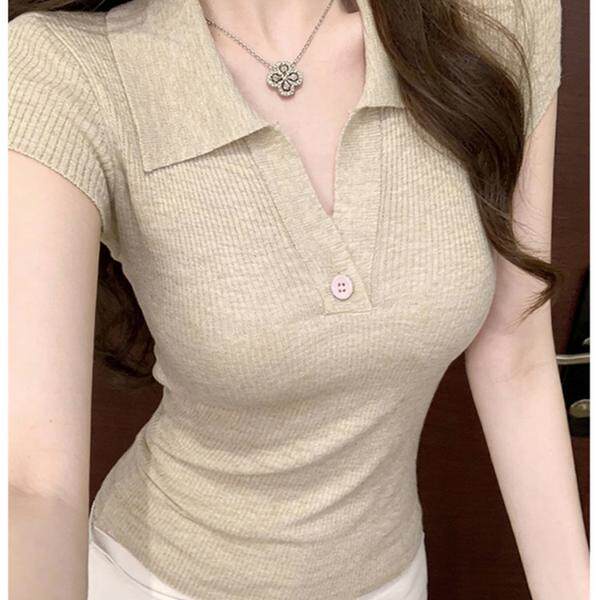 淡人高知夏季简约polo领纯欲素雅纽扣高级感别致短袖冰丝针织上衣