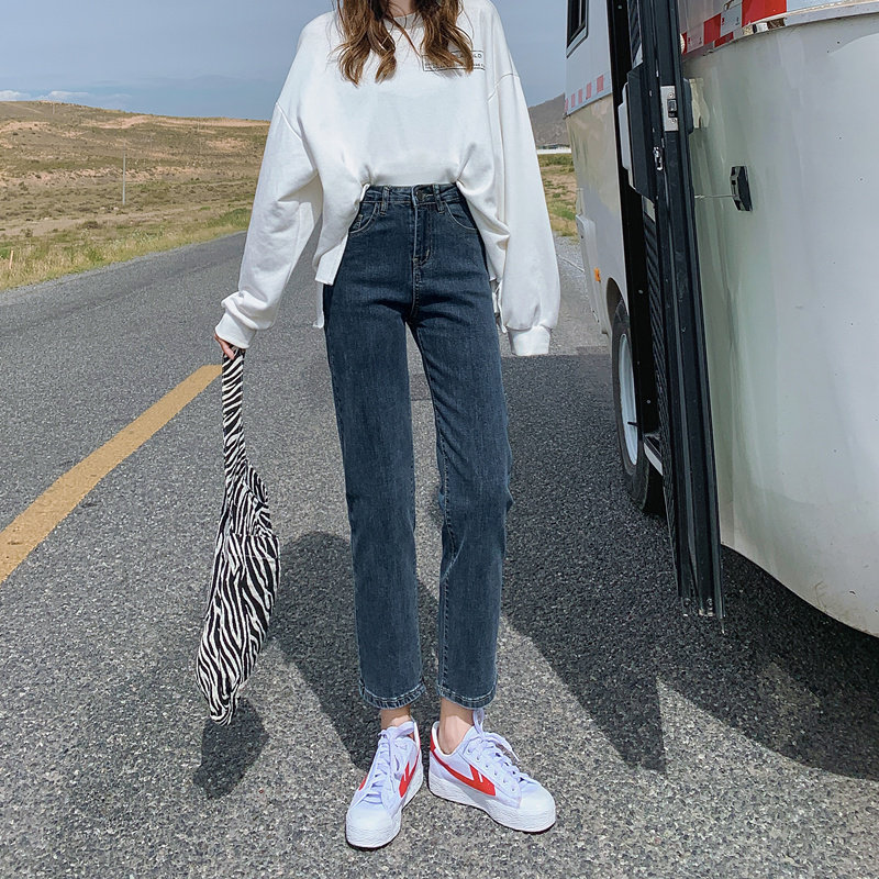 高腰灰色直筒牛仔裤女九分裤弹力宽松显瘦春秋烟管裤大码胖MM裤子