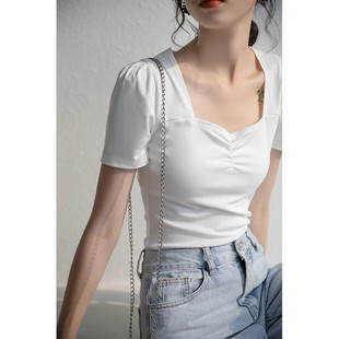 2023夏季新款短款法式方领上衣半袖复古修身泡泡袖短袖白色t恤女