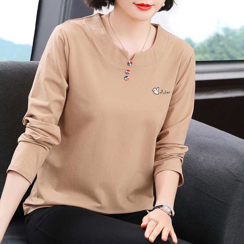 纯棉长袖t恤女 2024初秋装新款减龄外穿上衣中老年妈妈宽松打底衫