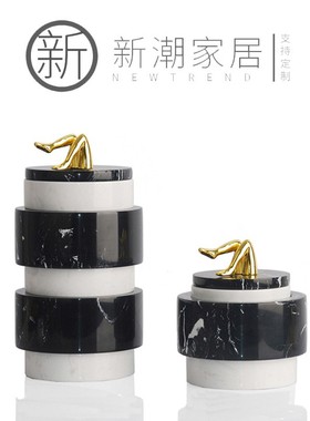 欧式简约黑白圆形大理石t储物罐几何收纳装饰罐客厅餐桌床头柜摆