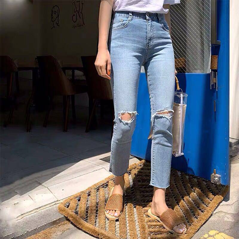 韩国2022春夏季薄款高腰九分浅色直筒牛仔裤女弹力显瘦破洞八分裤