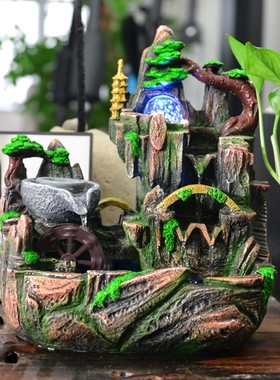 招财聚宝假山流水喷泉客厅风水轮开业礼品加湿器装饰室内高山摆件