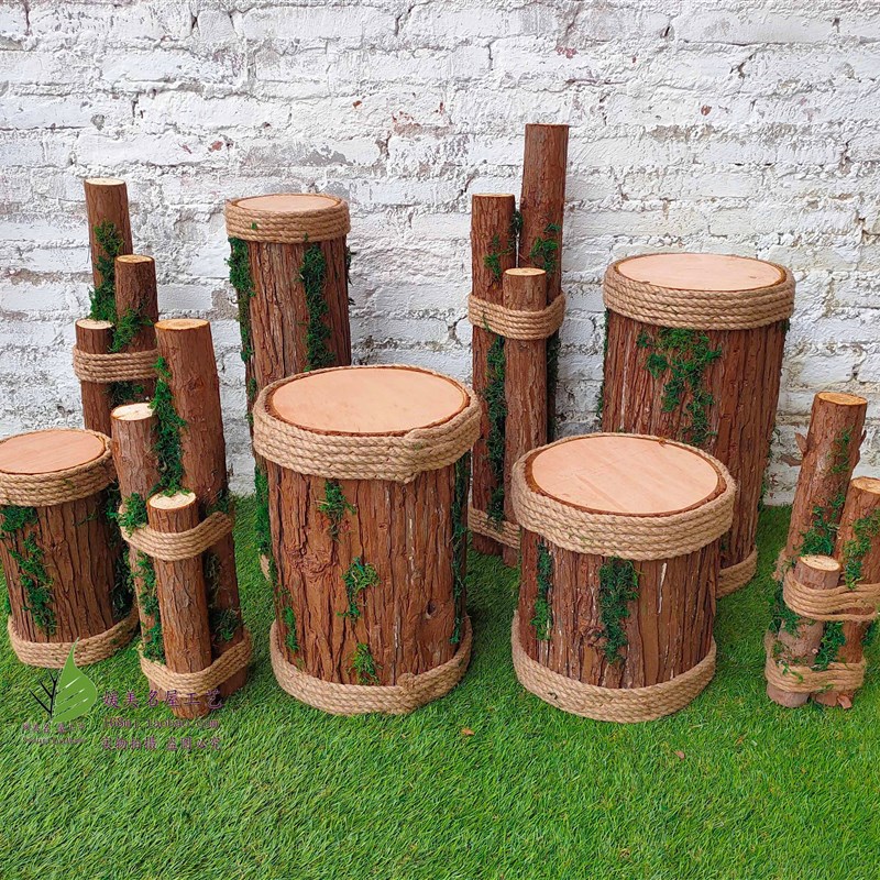 婚庆路引仿真木桩新款森系实木婚庆草坪麻绳树桩室内户外道具摆件