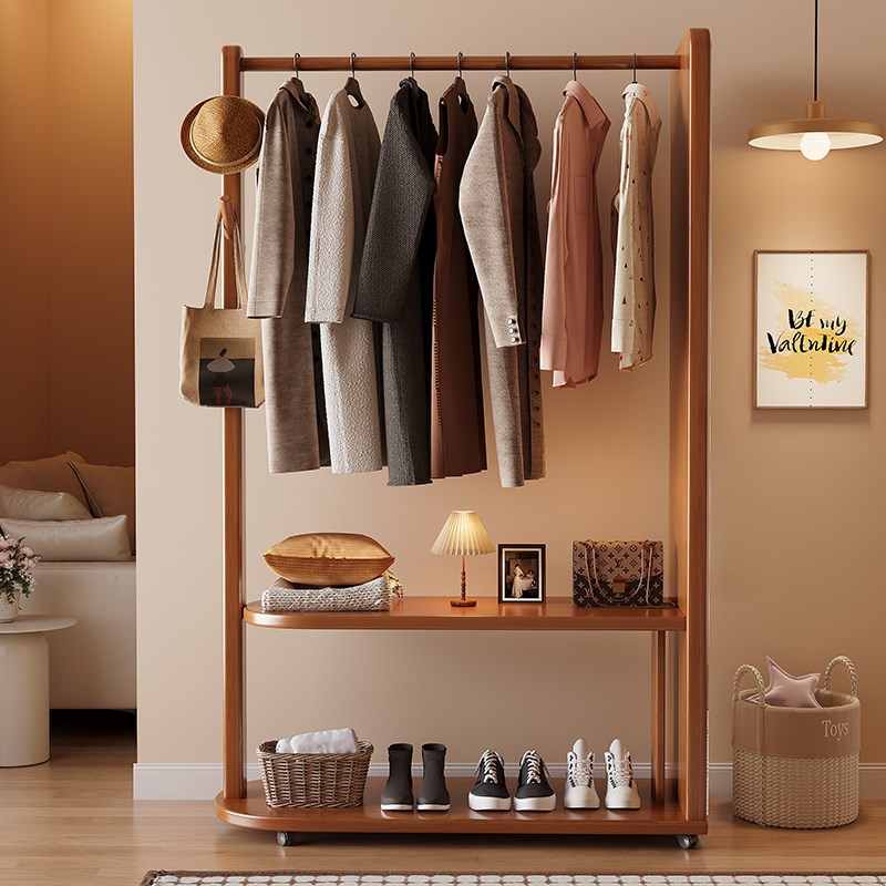 实木衣帽架落地卧室挂衣架带镜子家用客厅入户门置物架穿衣镜一体