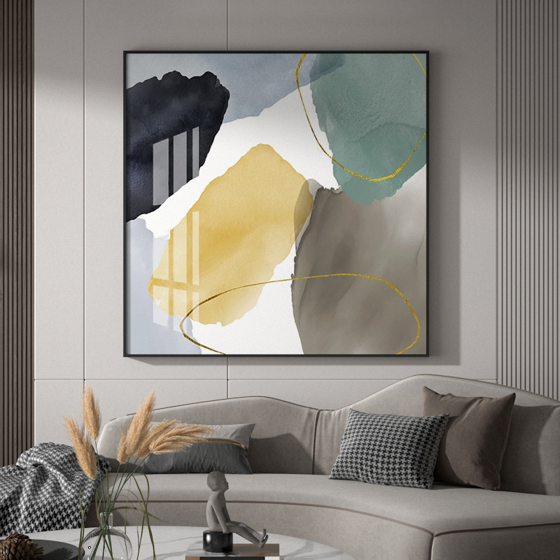 现代简约大幅轻奢水彩色块金线客厅入户玄关装饰画背景墙壁画挂画图片