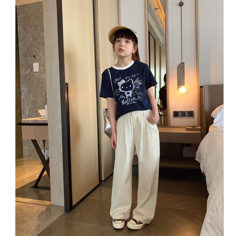 女大童白色波点直筒裤2024夏装新款青少年韩版休闲长裤宽松阔腿裤