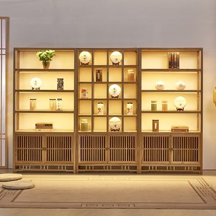 新中式榆木紫砂壶茶叶展示柜实木带灯茶庄茶室多宝阁置物架多层架