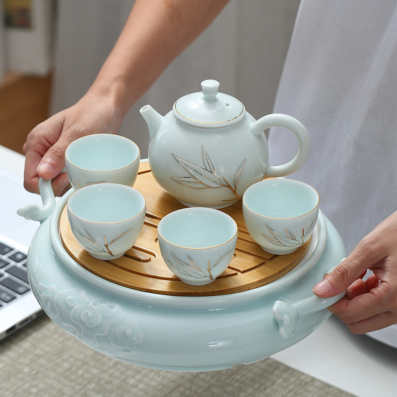 手提陶瓷大茶盘家j用中式功夫茶具大套装简约梅子青功夫泡茶器茶