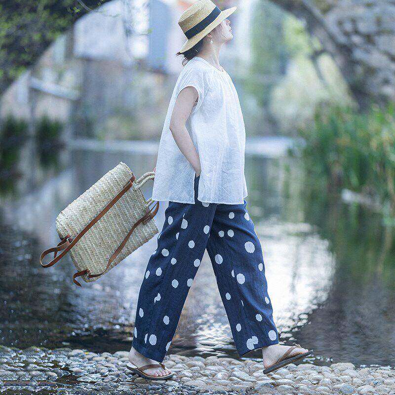 印百搭亚萝卜季裤蓝波VVnE6Zhu点九麻分裤女夏款花直筒
