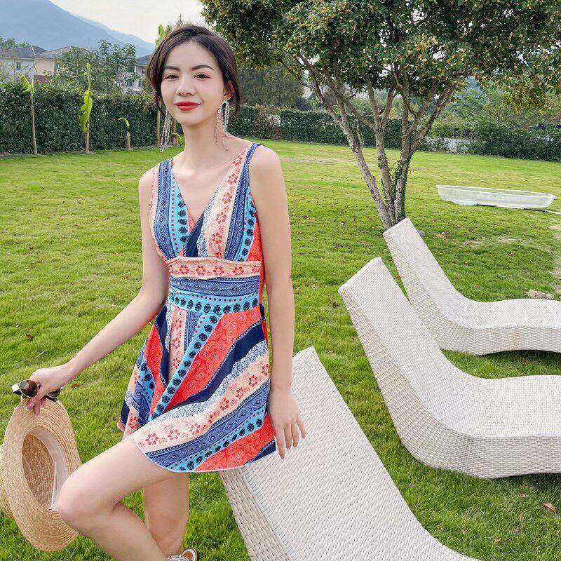 泳装连体平角钢托小胸聚拢遮肚显kptD2yJF瘦女妈款大胖码泡温妈泉