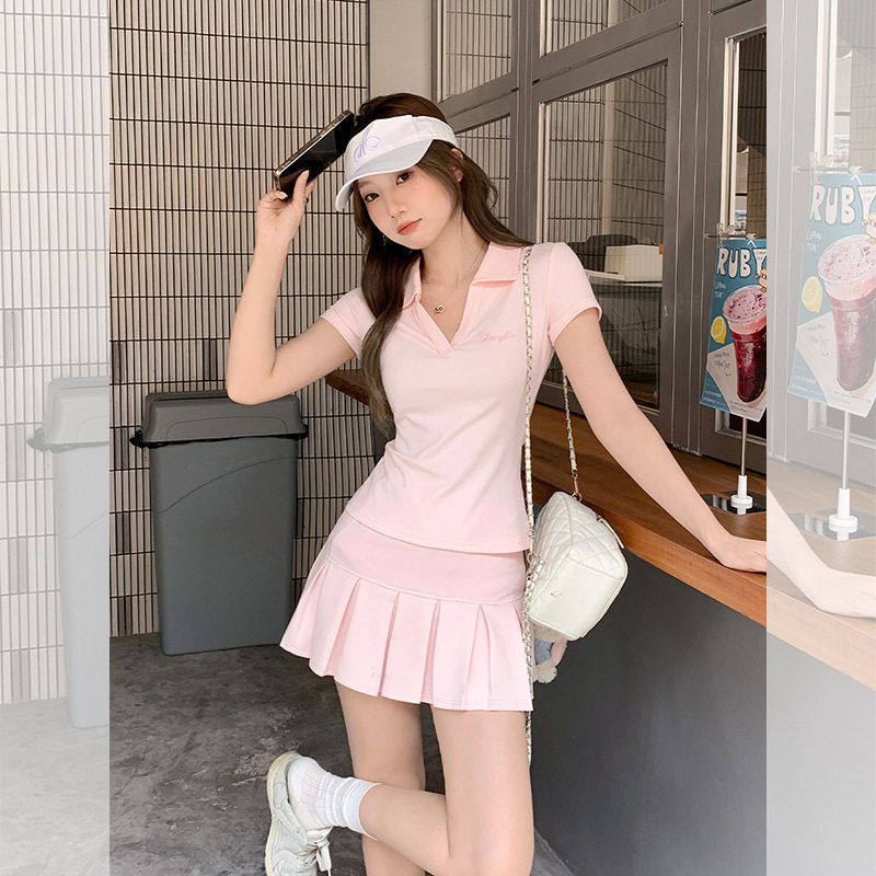 粉色正肩短袖polo衫T恤女夏季修身V领上衣百褶A字半身短裙裤套装