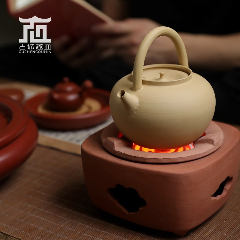 日式白泥提梁烧水煮茶陶壶砂铫侘寂风工夫茶具小型电陶炉套装静音