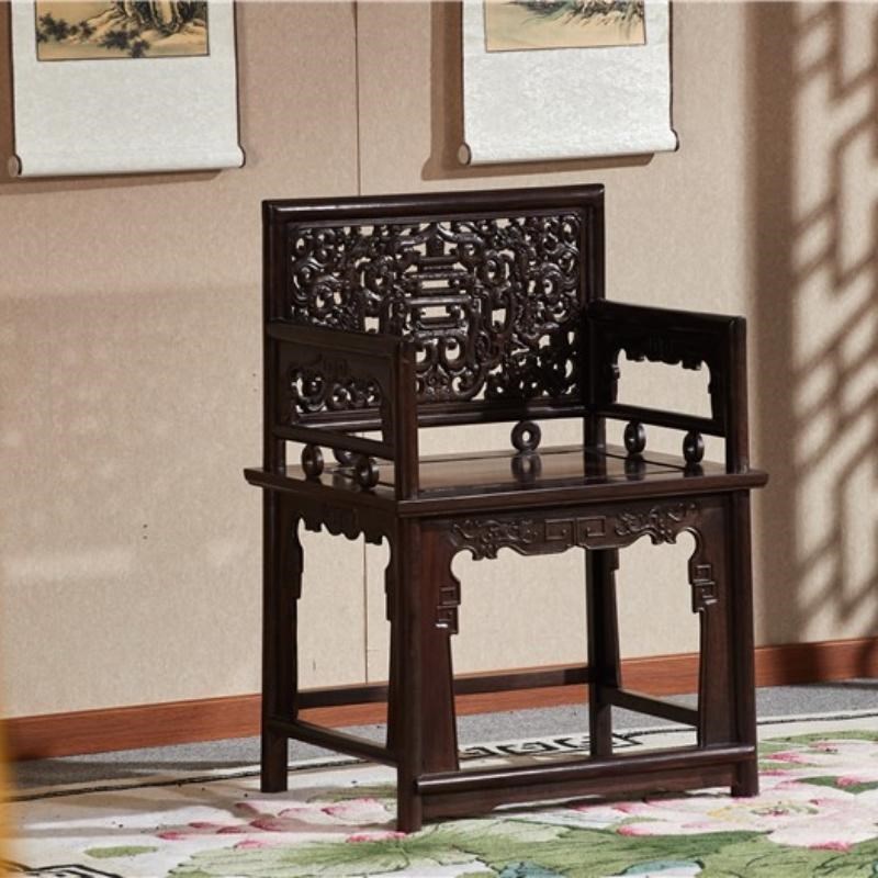 红木椅子三件套玫瑰椅黑檀木座椅皇宫椅宫帽新中式实木古典太师椅