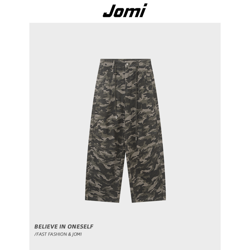 JOMI花灰迷彩工装裤女秋宽松抽绳显瘦休闲阔腿直筒裤