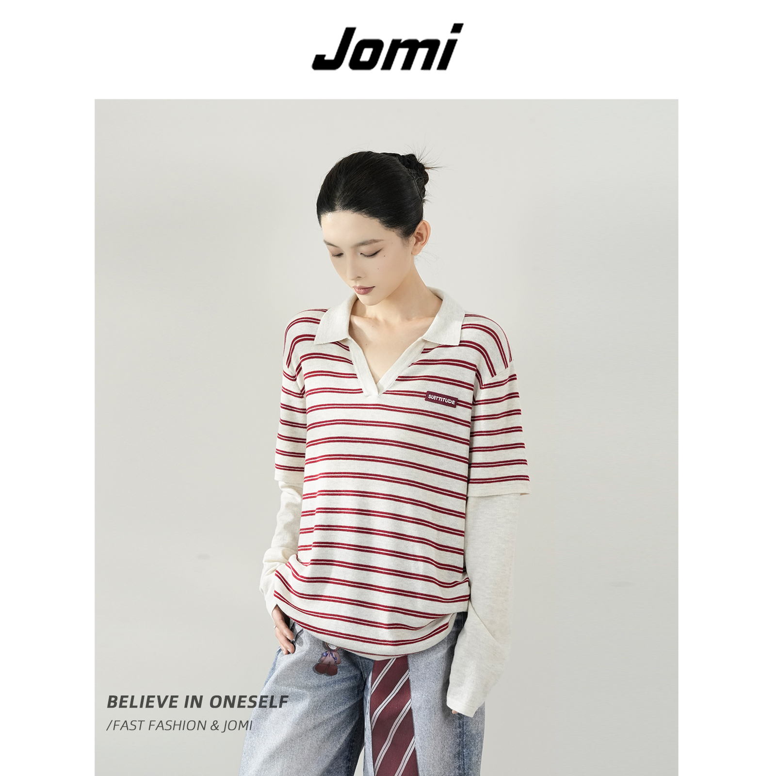 【D哥专享】JOMI假两件POLO领条纹针织衫女2025秋冬设计师上衣