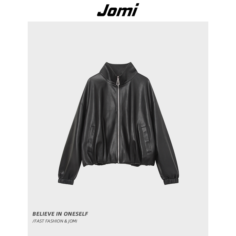【雪欧尼粉丝专享】JOMI立领拉链宽松皮衣女秋新款落肩短款外套