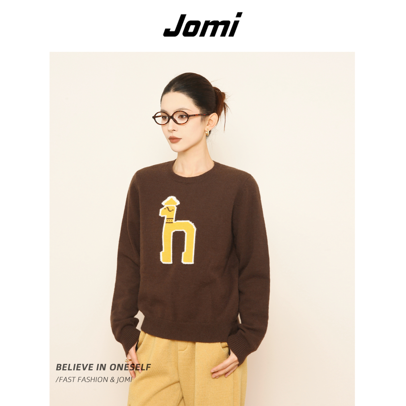 【花花推荐】JOMI秋季卡通小马提花毛衣女圆领套头针织上衣