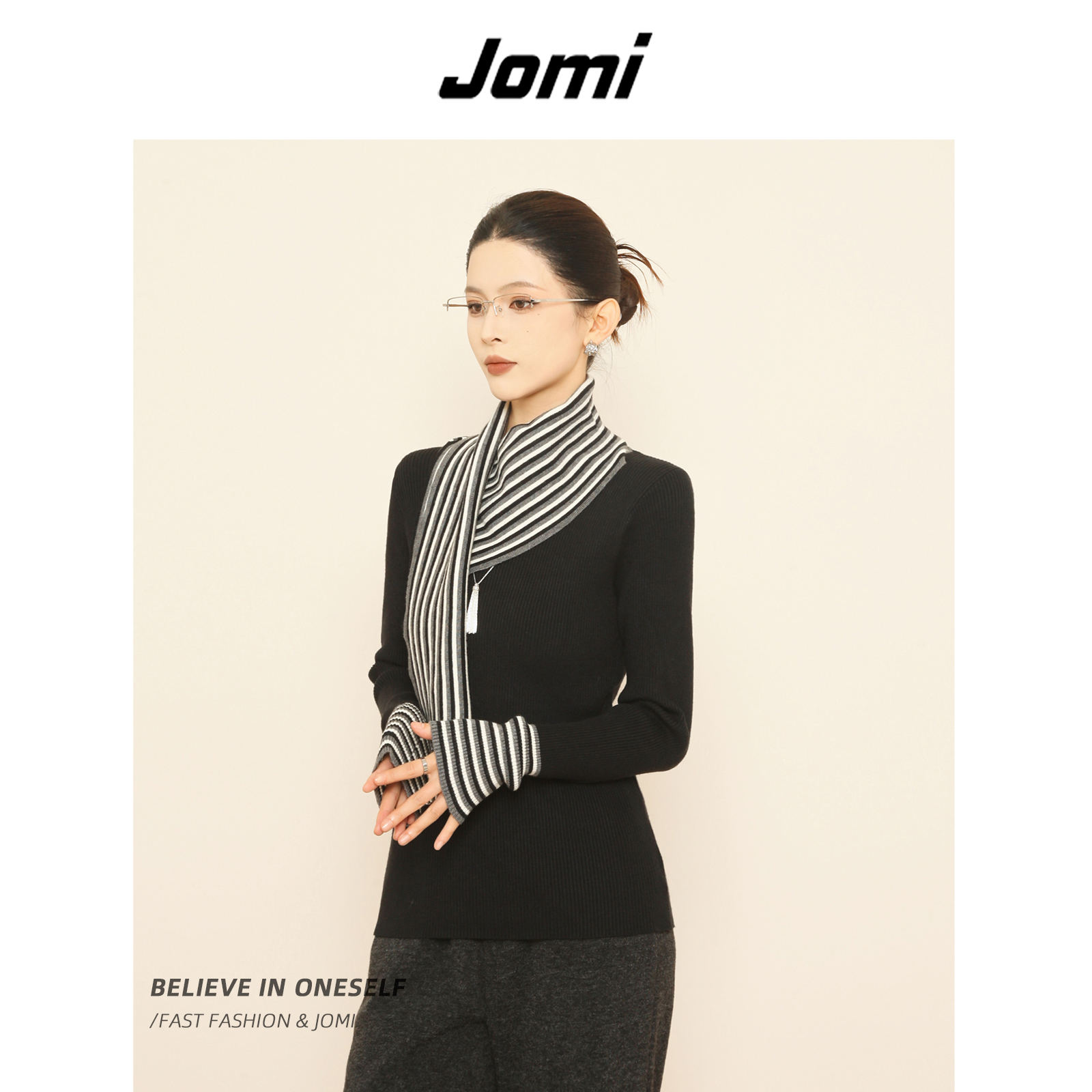 JOMI设计感围巾领针织衫女秋条纹拼接上衣J82FS3071