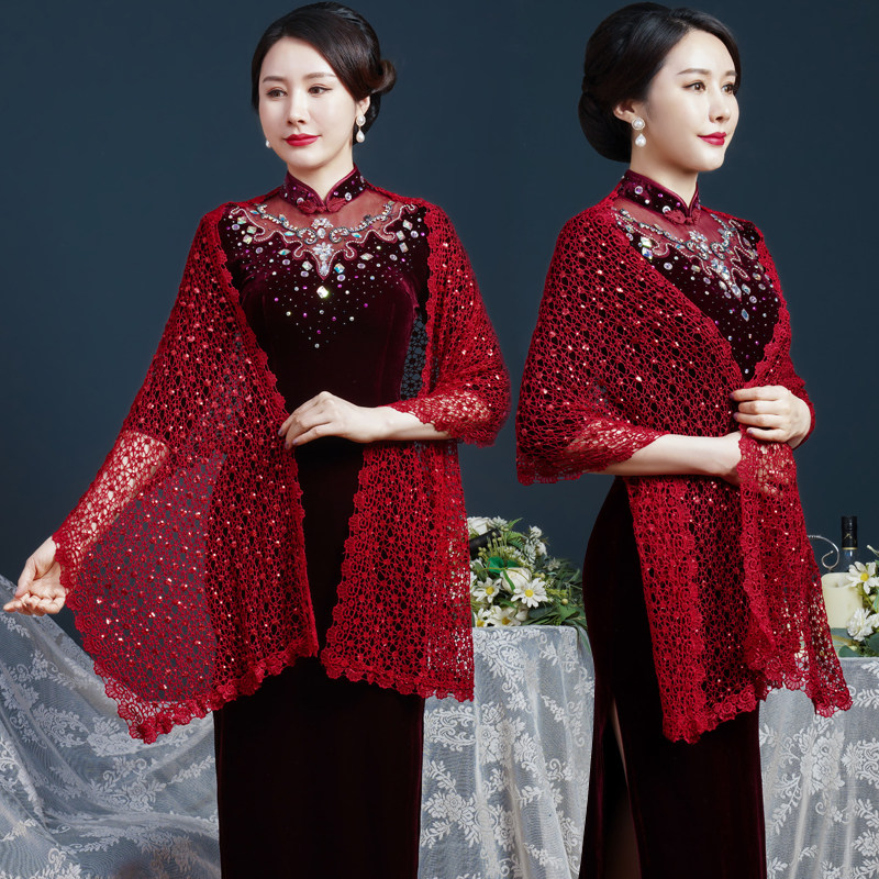 喜婆婆酒红色婚礼妈妈礼服披肩旗袍外搭亮片蕾丝长丝巾春夏季薄款