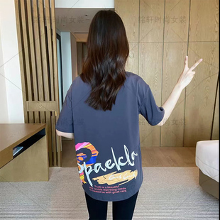 夏季宽松洋气短袖T恤女中长款2023年新款欧货大版爆款印花半袖t桖