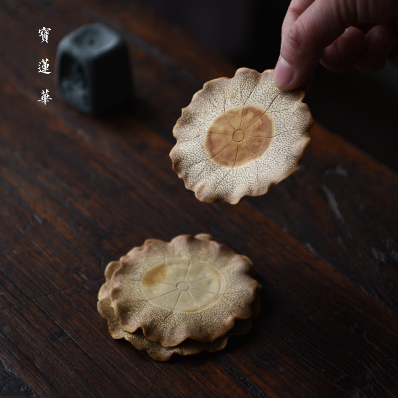 天然老竹根料手工雕荷叶小盘 竹垫杯垫盖置杯托 竹把玩Y件茶玩茶