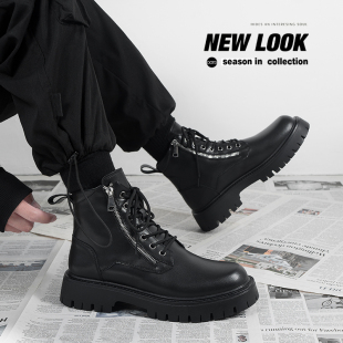 马丁靴男款侧拉炼英伦风高筒皮鞋男秋冬季H2023新款超火中筒皮靴