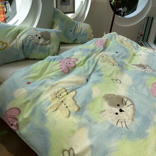 小清新蜡笔画小猫小兔被套被罩单件单双人全棉宿舍18W0x220cm
