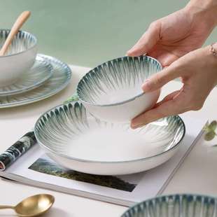 松发瓷器中式风格手绘碗盘子组合家用饭碗陶瓷米饭碗汤盘餐具套装