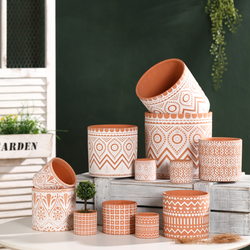 红陶土直筒几何图案机雕花盆 北欧ins风素烧透气大号绿植多肉盆栽